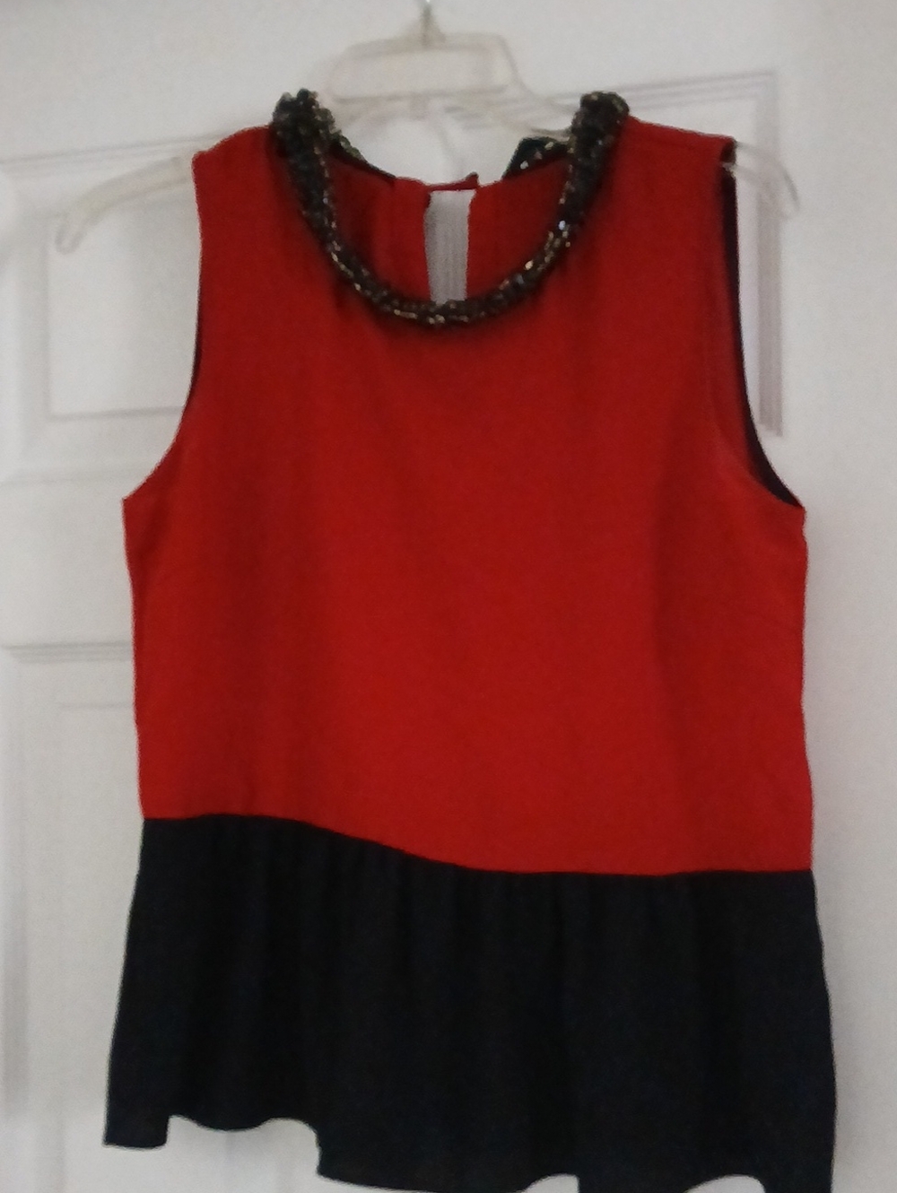 Zara Red and Black Sleeveless Peplum Top with Beaded Neckline
